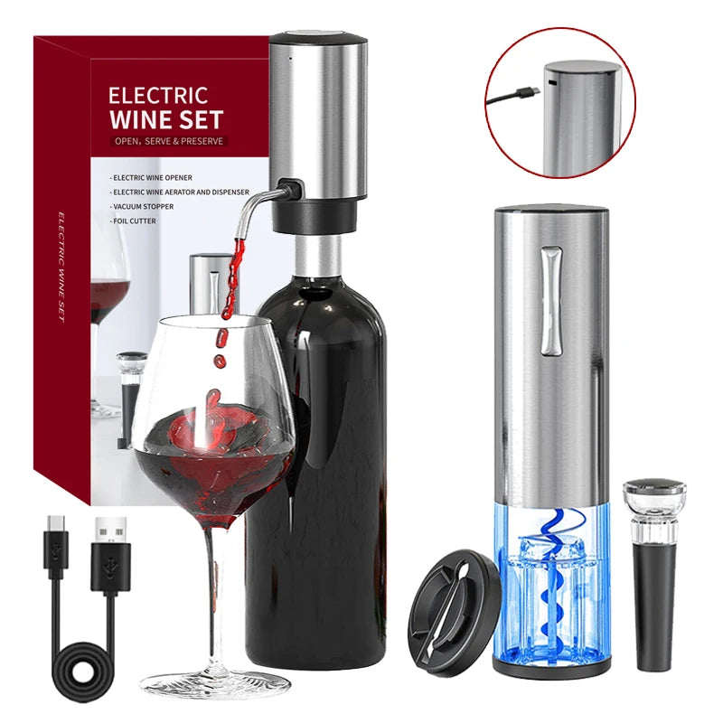 🍷 USB Electric Wine Opener Set Rechargeable Stainless Steel Decanter & Aerator