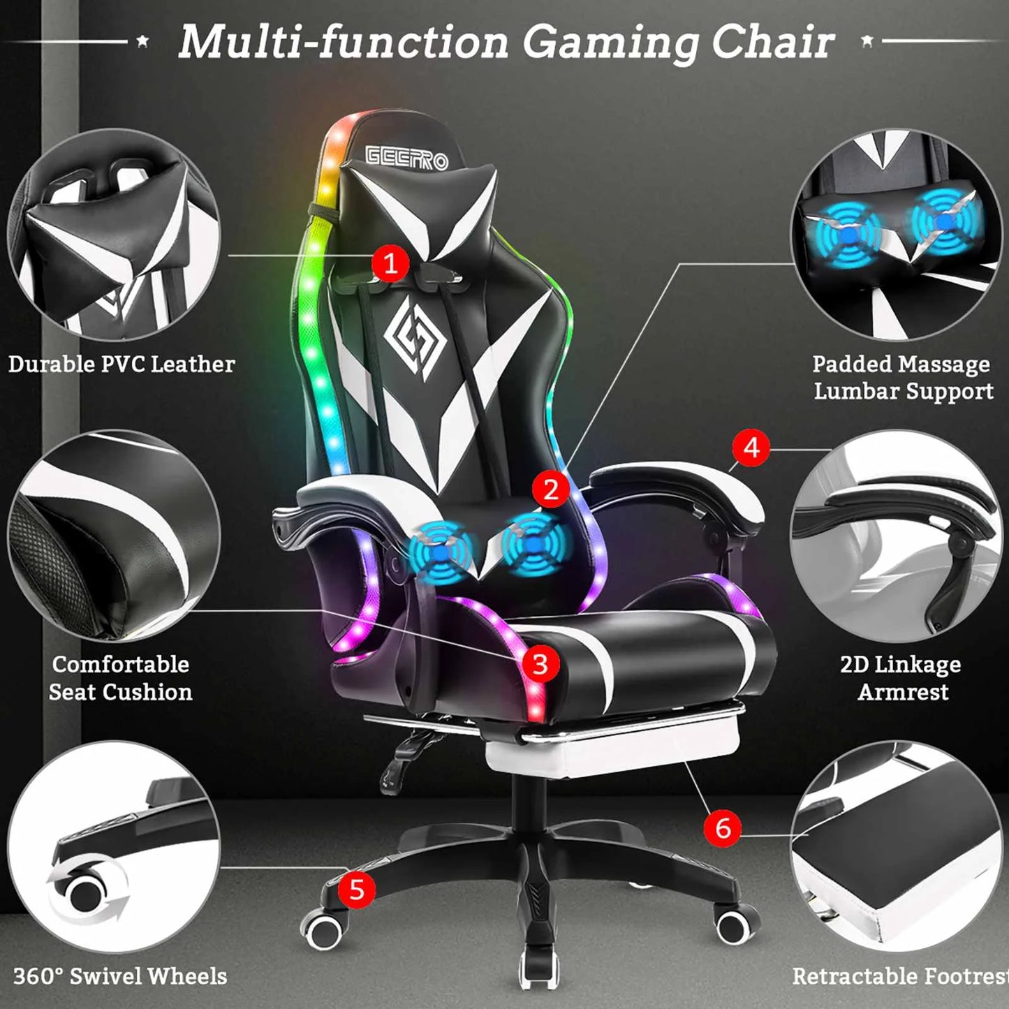 Silla Gamer RGB con Sonido y Masaje 135° de Con...