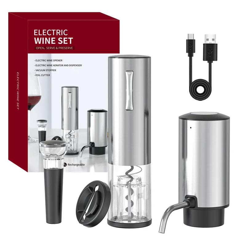 🍷 USB Electric Wine Opener Set Rechargeable Stainless Steel Decanter & Aerator