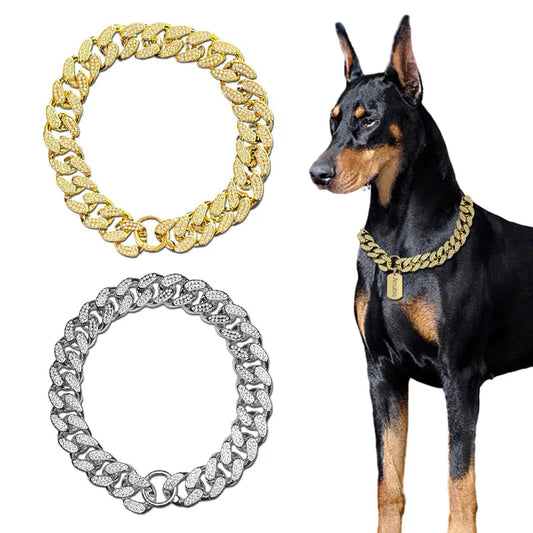 Luxury Gold Dog Collar – Diamond-Inlaid Chain for Small to Large Pets